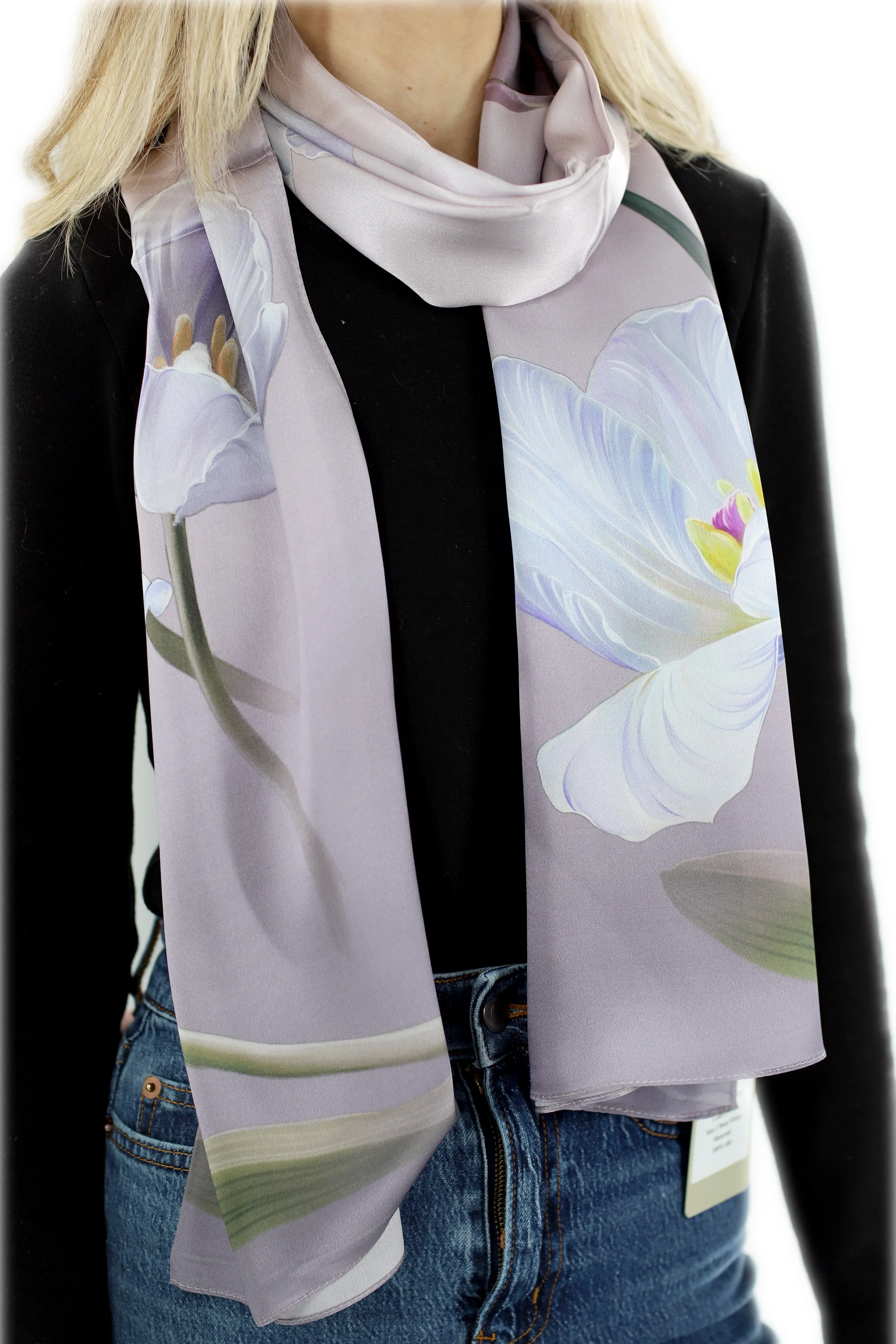 100% Silk Floral Print Scarf - Purple - (One Size 68x21.2in)