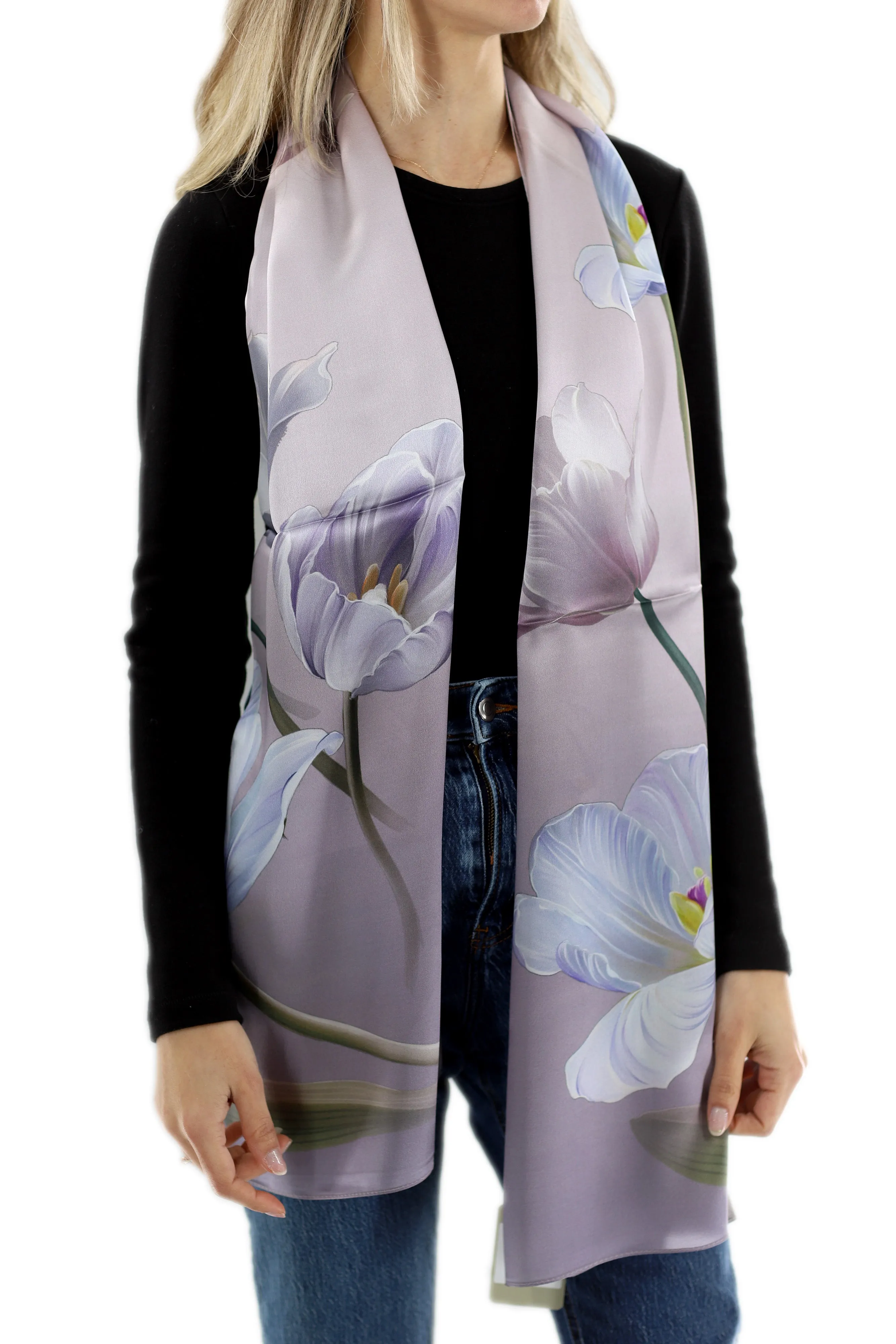 100% Silk Floral Print Scarf - Purple - (One Size 68x21.2in)