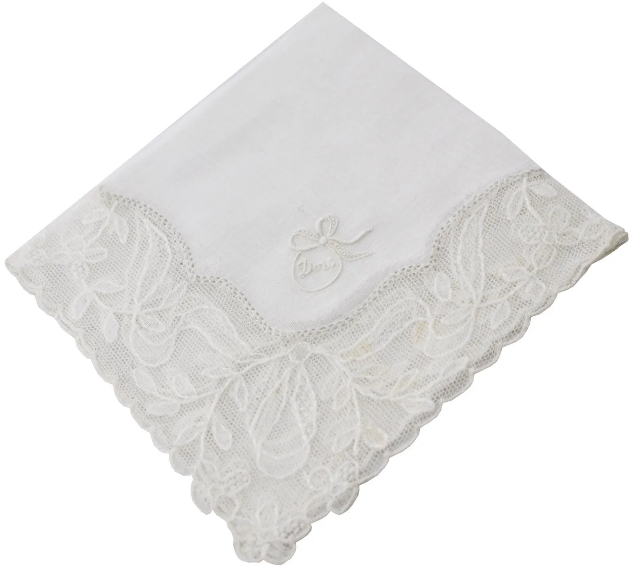 4 Doris Linen and Lace Vintage White Monogrammed Handkerchiefs