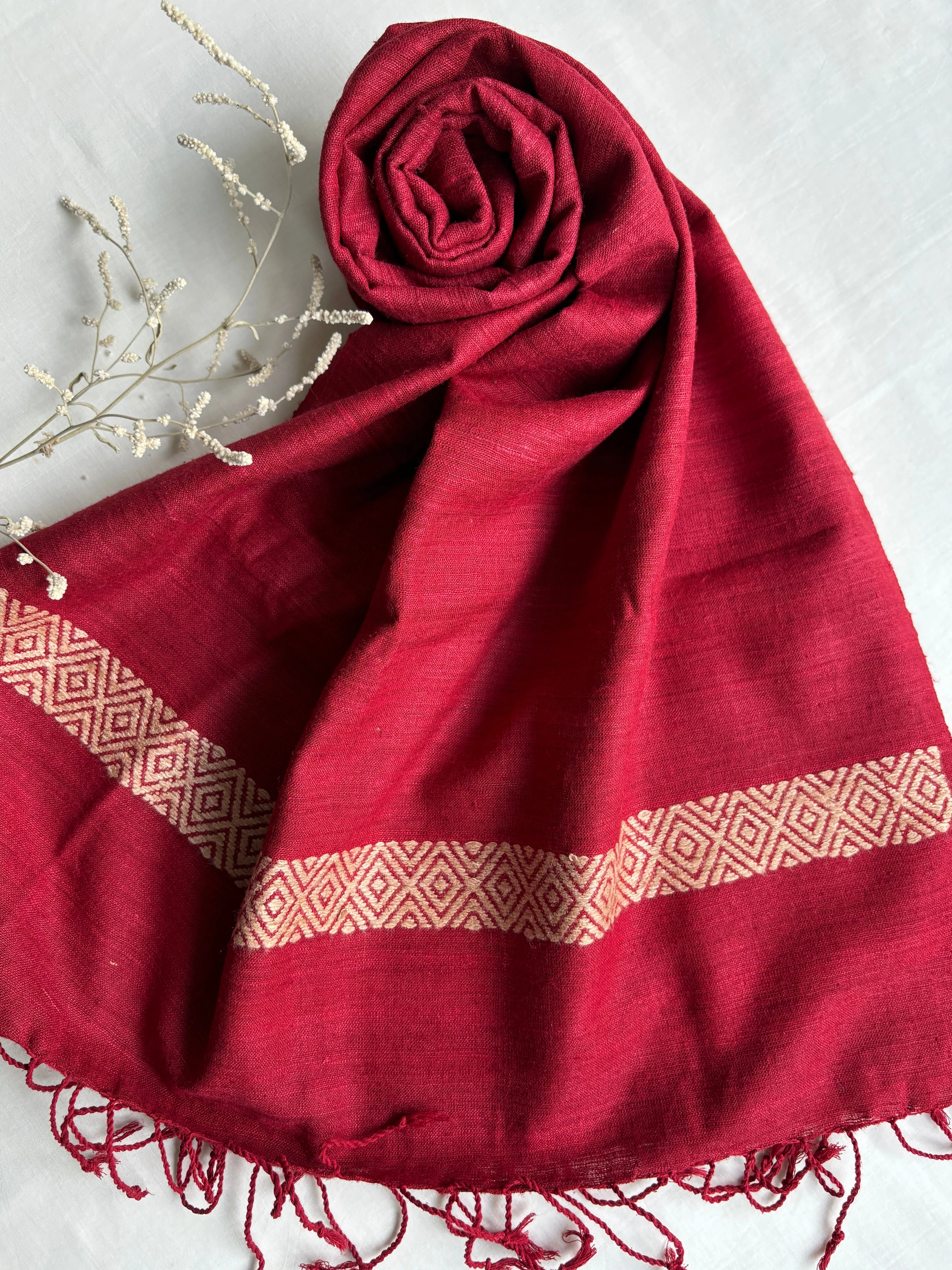 Ahimsa Silk Stole in Red with Beige Geometric Border | Natural Dyes