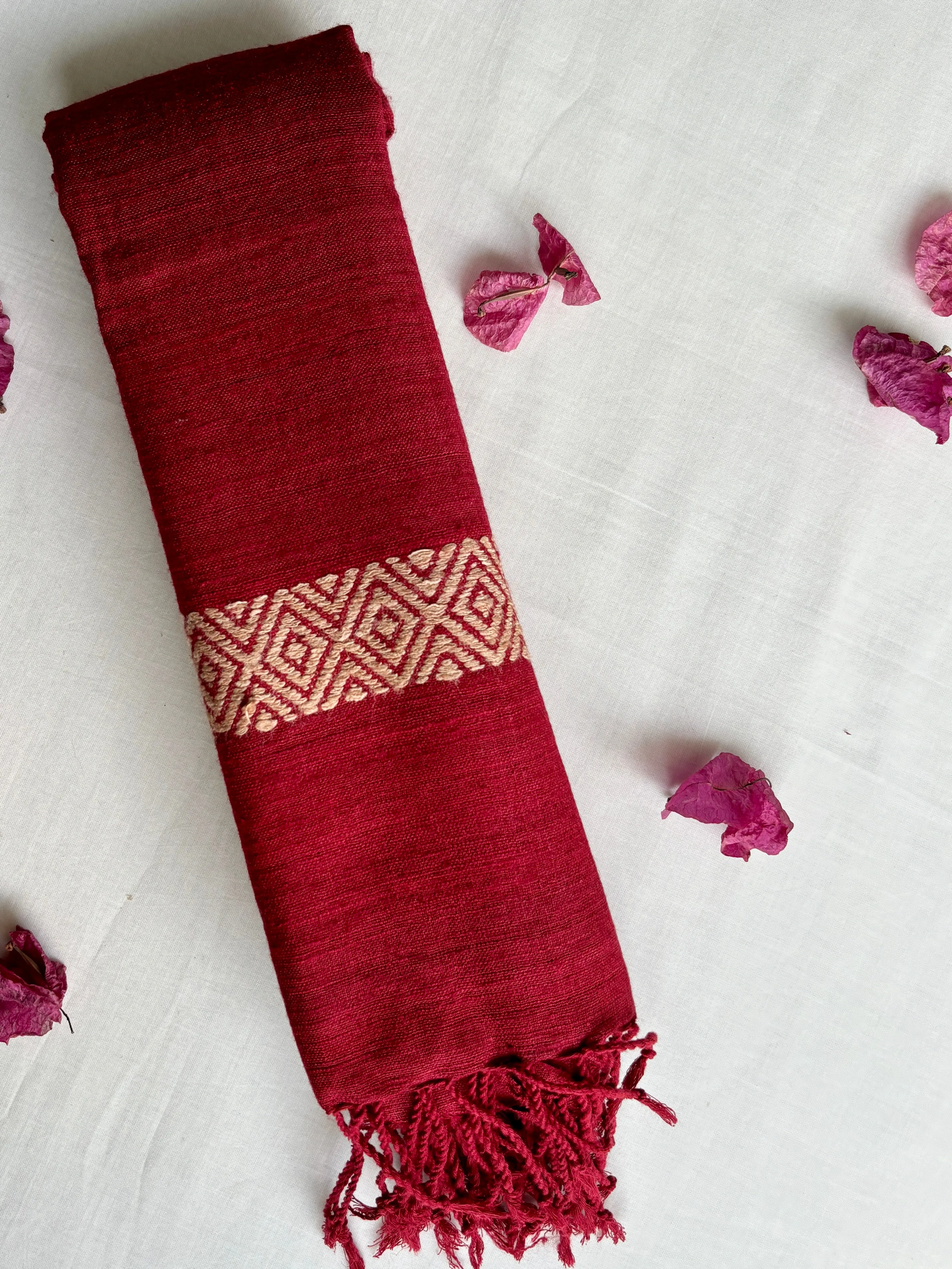 Ahimsa Silk Stole in Red with Beige Geometric Border | Natural Dyes