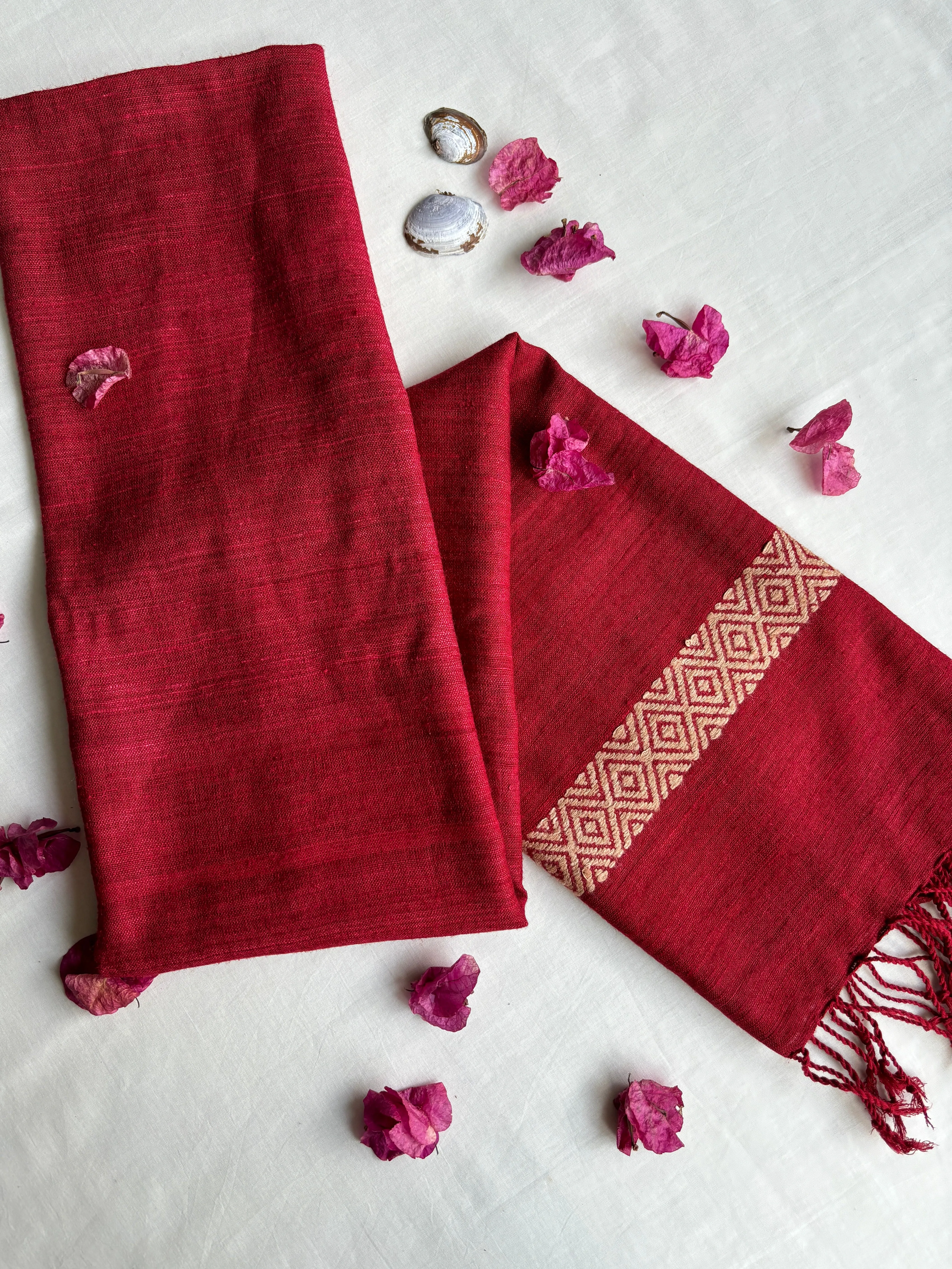 Ahimsa Silk Stole in Red with Beige Geometric Border | Natural Dyes