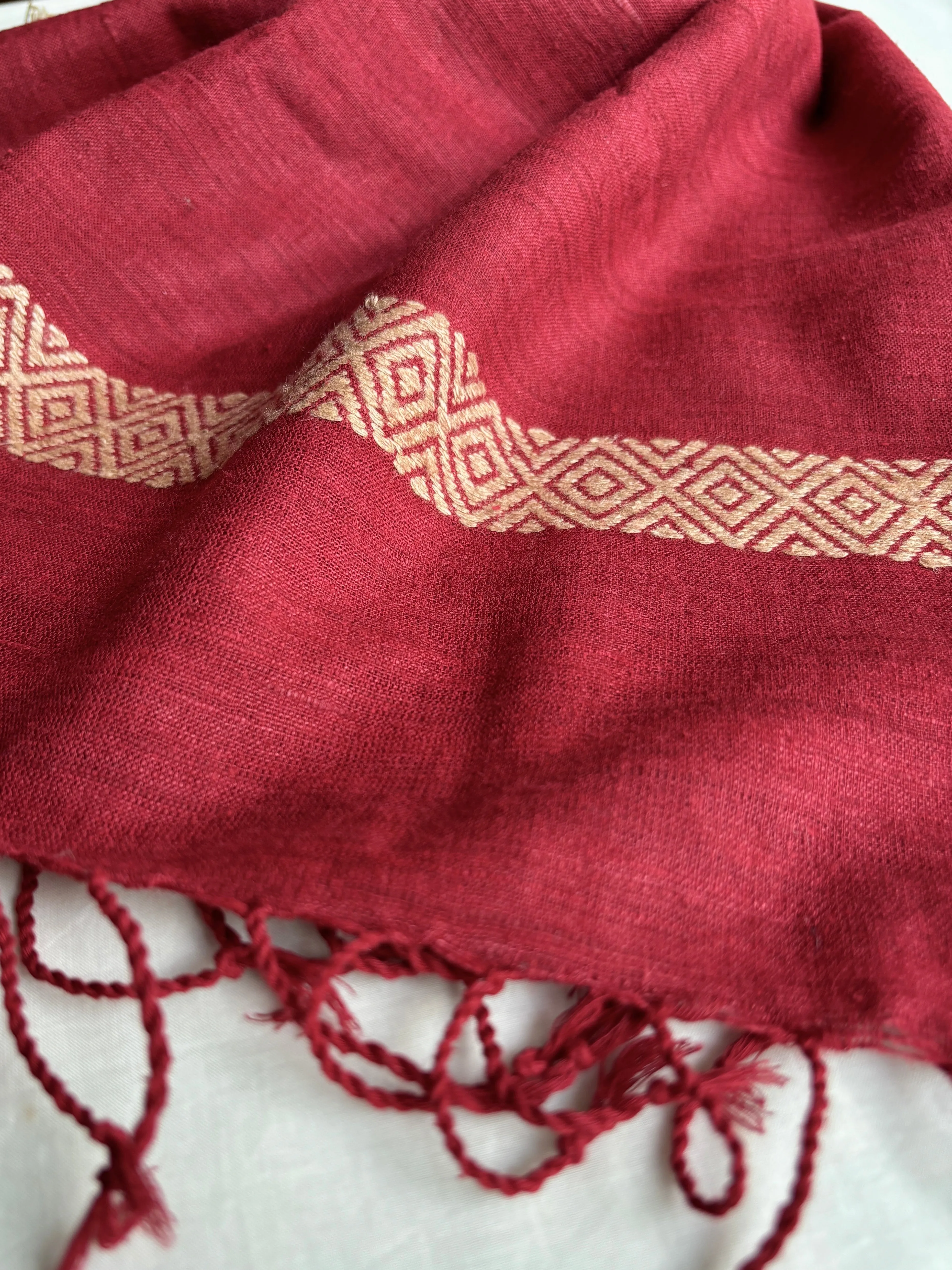 Ahimsa Silk Stole in Red with Beige Geometric Border | Natural Dyes