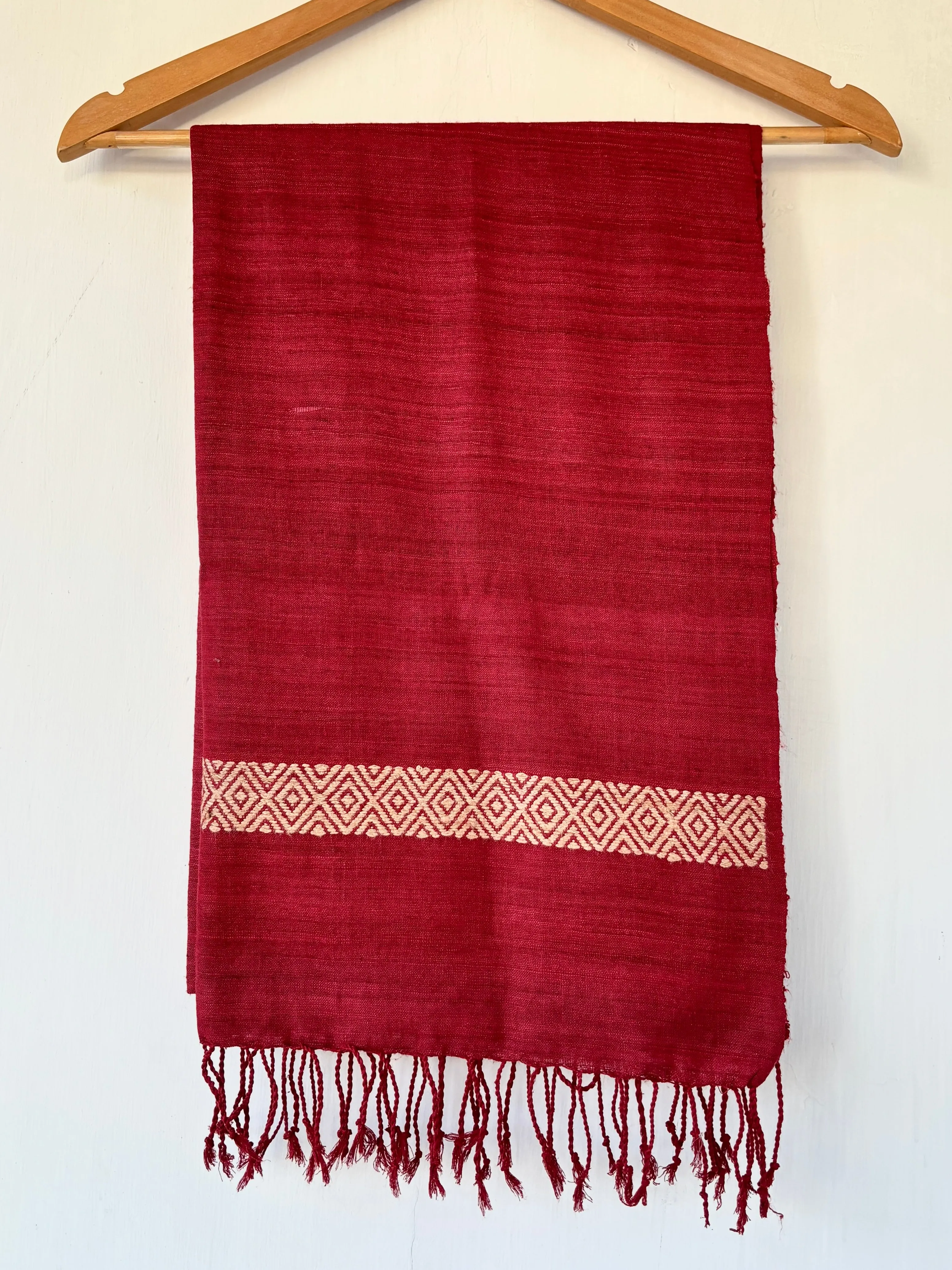 Ahimsa Silk Stole in Red with Beige Geometric Border | Natural Dyes