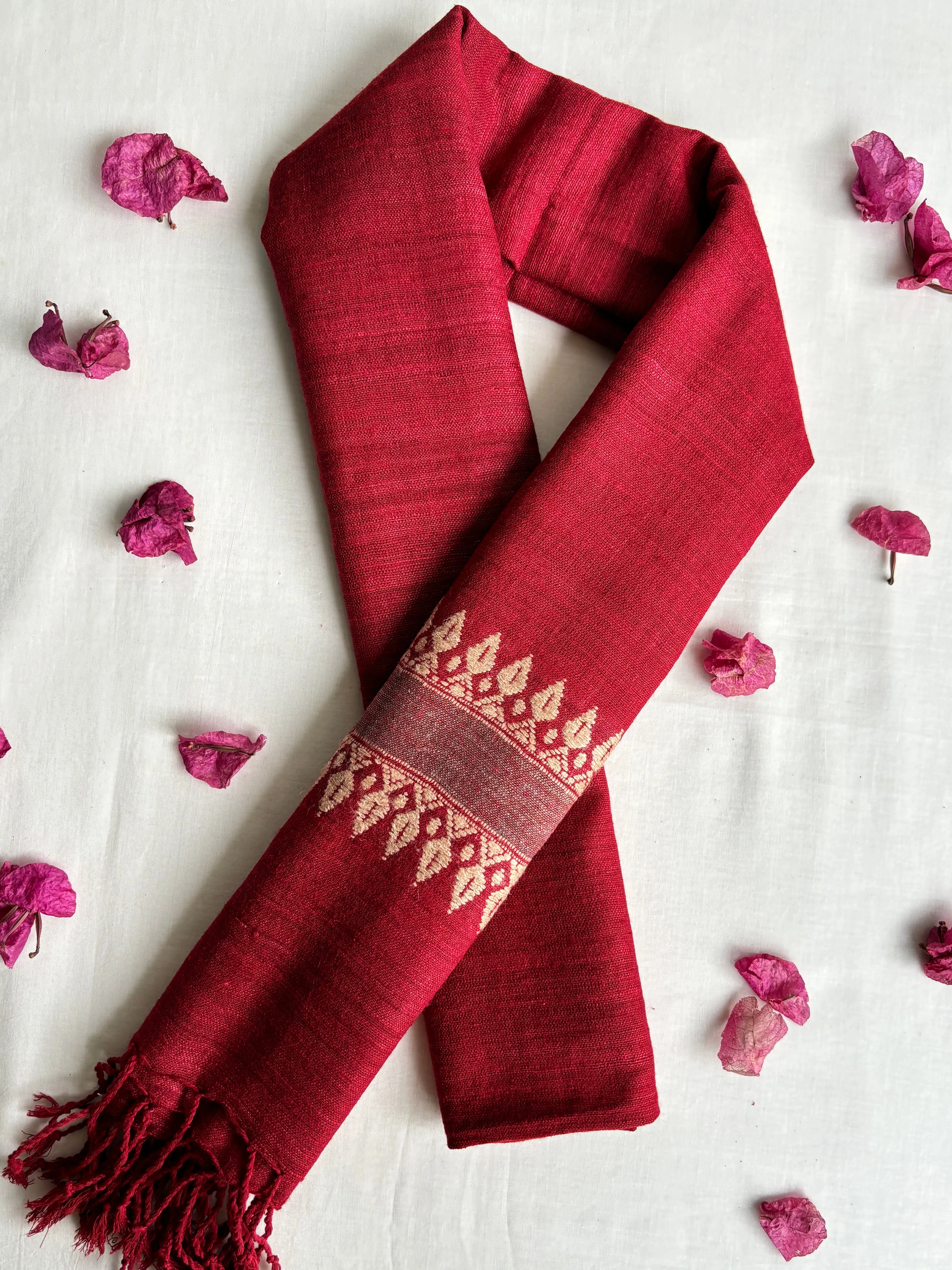 Ahimsa Silk Stole in Red with Temple Motif Border | Natural Dyes