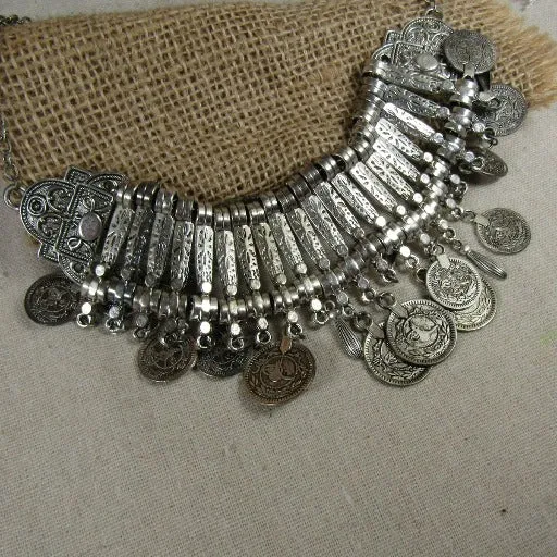 Alluring  Silver Bib Necklace with Coin Accents