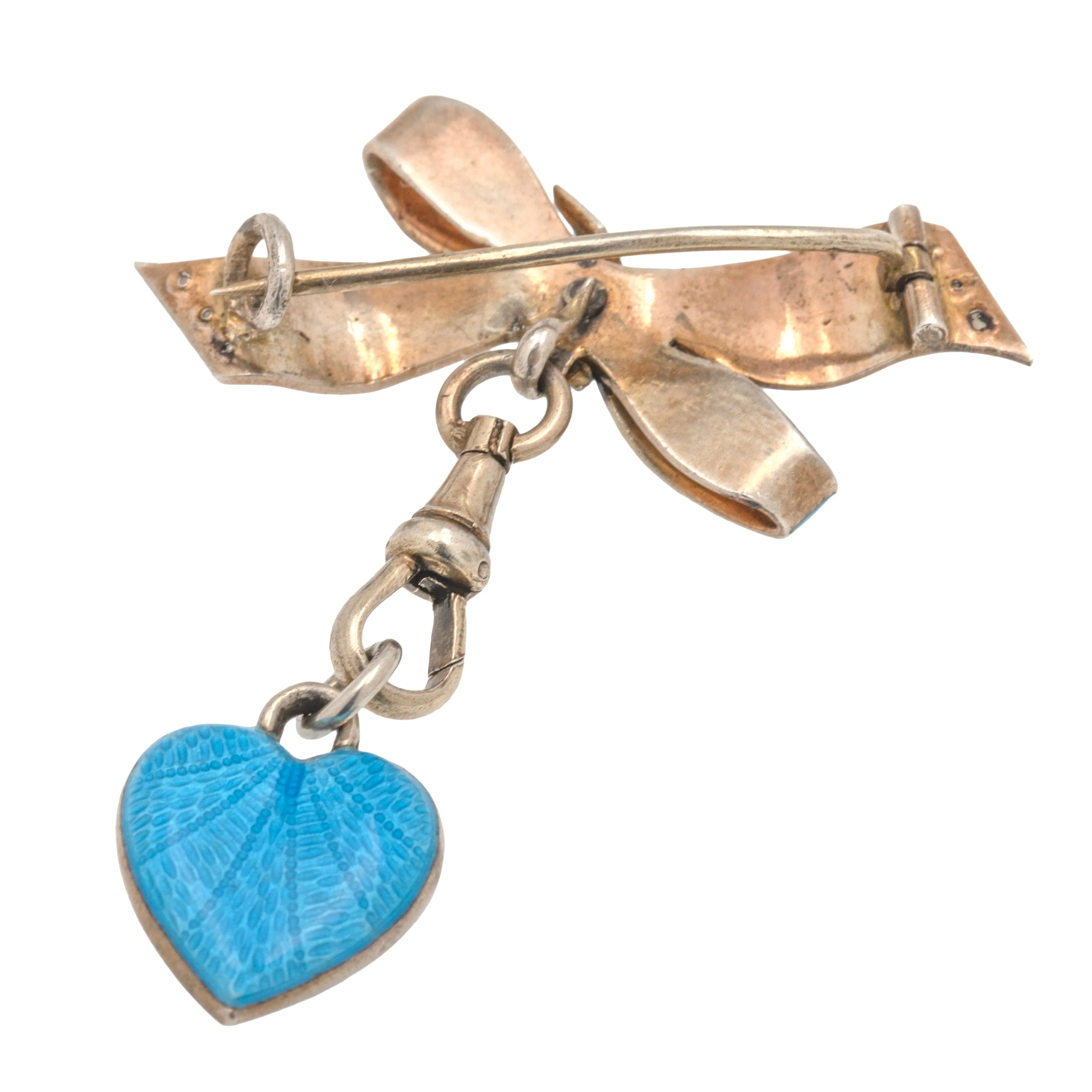 Antique Blue Enamel Pearl Brooch, with Blue Enamel Heart Drop