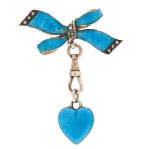 Antique Blue Enamel Pearl Brooch, with Blue Enamel Heart Drop