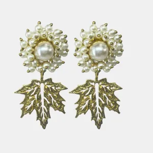 Beautiful Handmade Pearl Wired Earrings with Gold Plated Leaf Charm