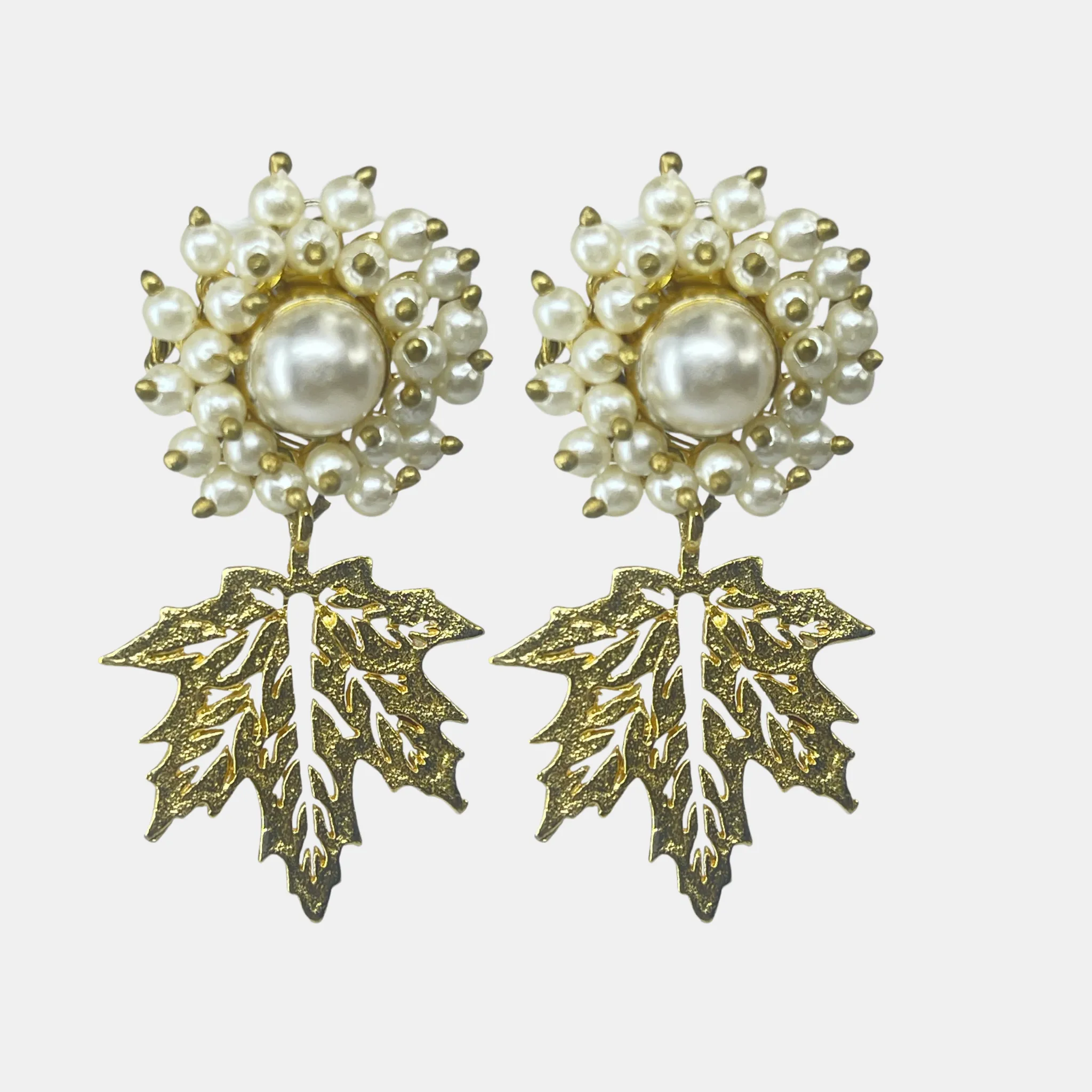 Beautiful Handmade Pearl Wired Earrings with Gold Plated Leaf Charm