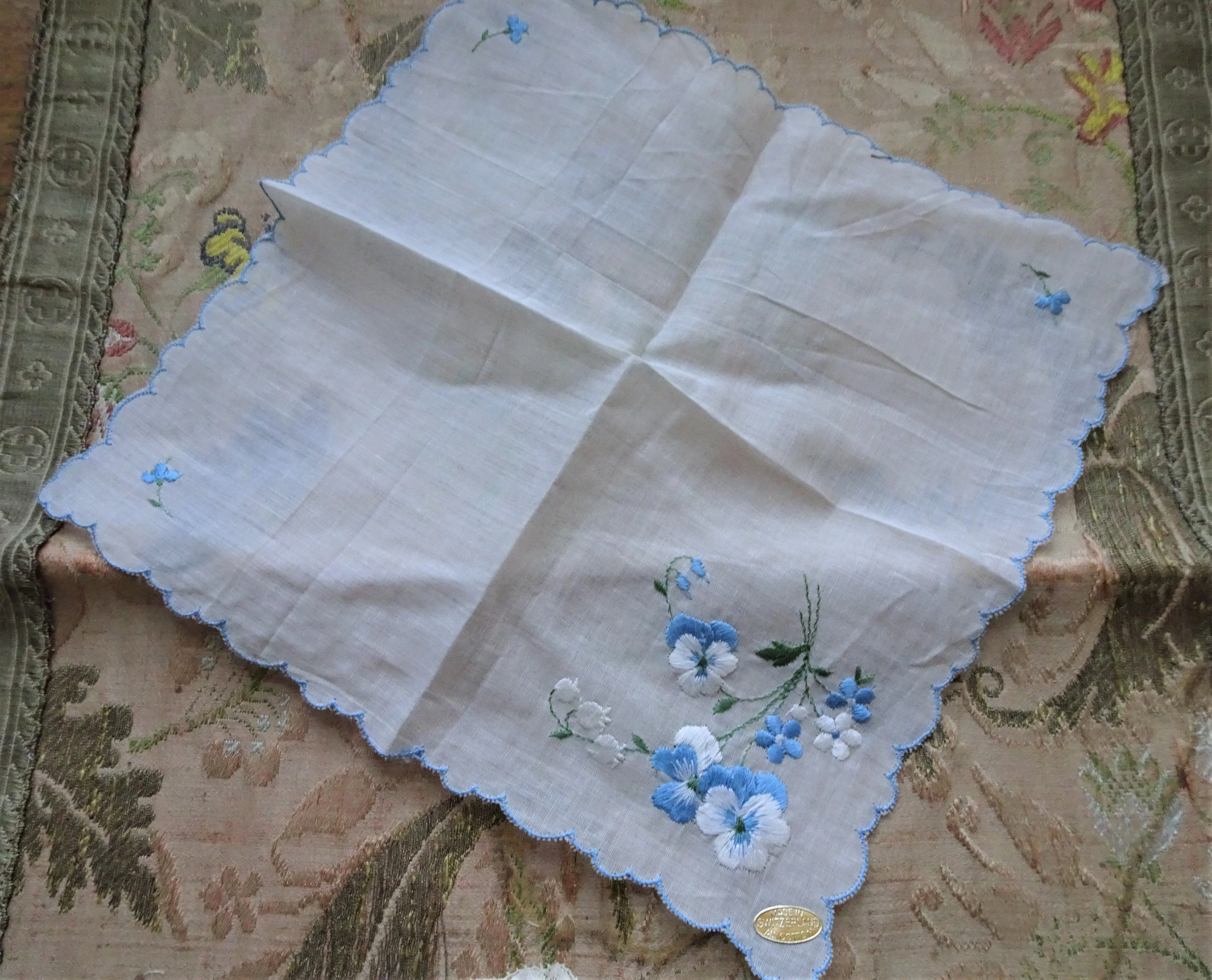 BEAUTIFUL Vintage Embroidered SWISS Floral Handkerchief Hanky Sweet Blue Pansy Flowers, Pansies Special Bridal Wedding Hankie, Collectible Hankies