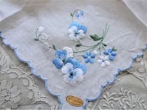 BEAUTIFUL Vintage Embroidered SWISS Floral Handkerchief Hanky Sweet Blue Pansy Flowers, Pansies Special Bridal Wedding Hankie, Collectible Hankies