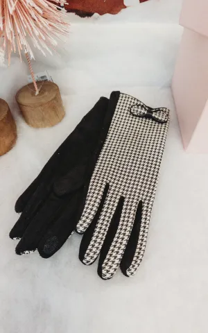 Black Small Houndstooth Faux Suede Gloves w/ Bow Detailn - DEAL COUPON EXCLUDED