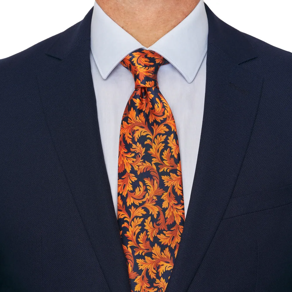 Blue and Orange Leaves Symphony Duchesse Silk Tie