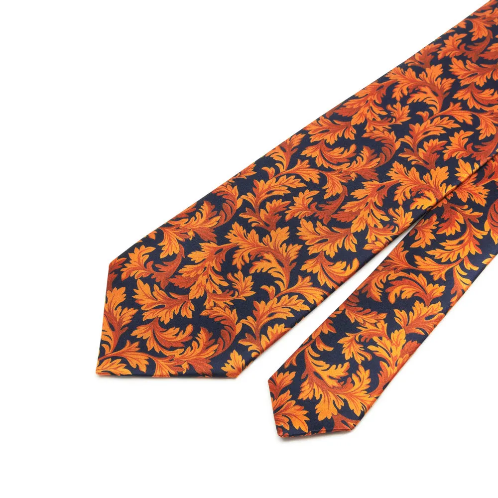 Blue and Orange Leaves Symphony Duchesse Silk Tie