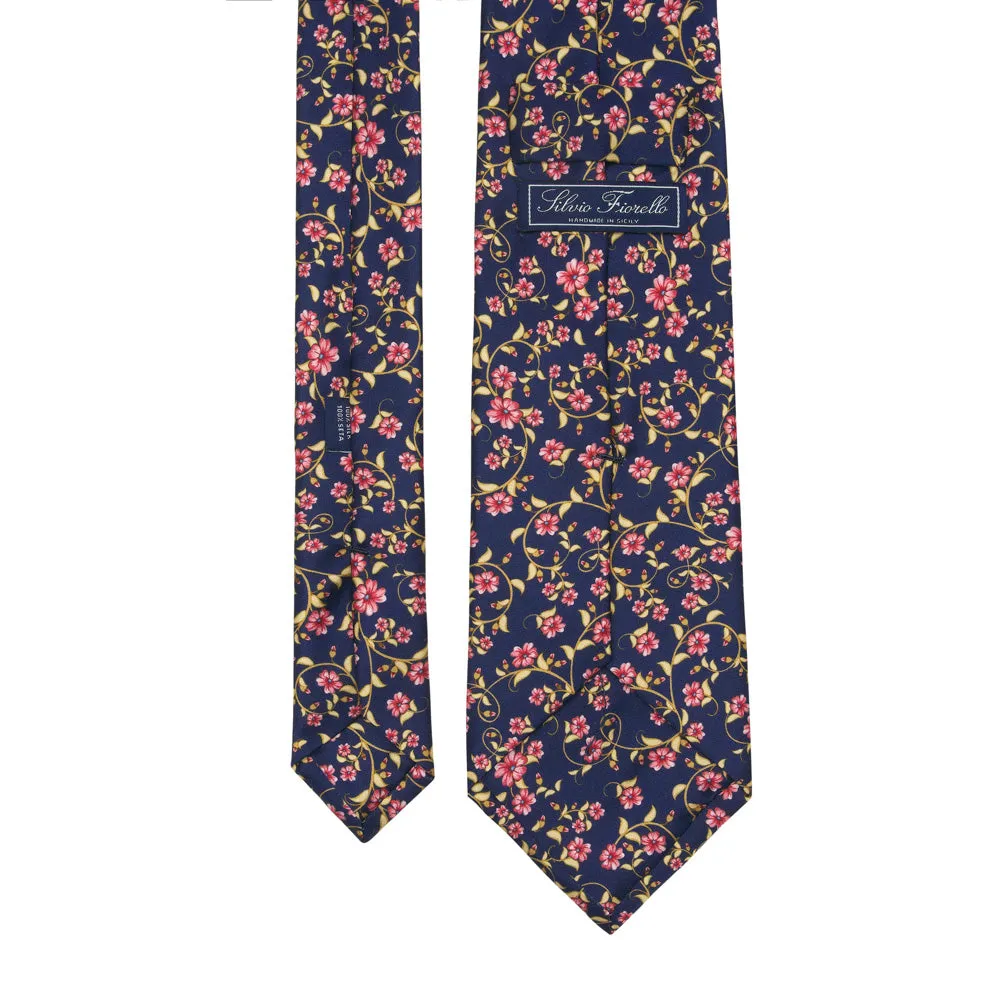 Blue and Pink Floral Art Duchesse Silk Tie