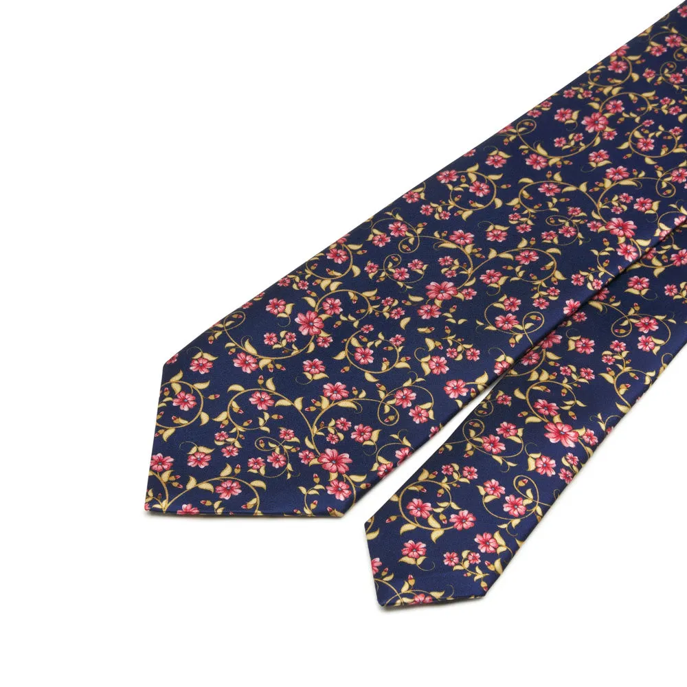 Blue and Pink Floral Art Duchesse Silk Tie