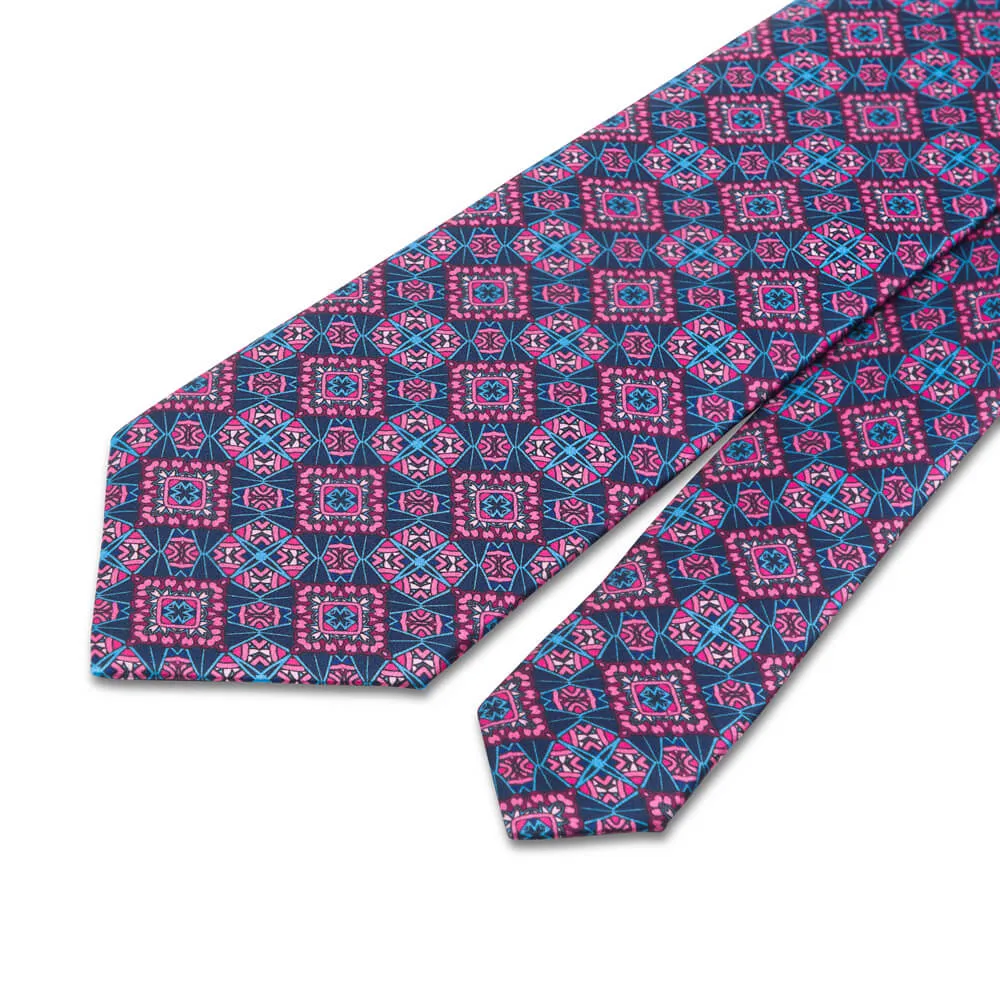 Blue and Pink Medieval Art Duchesse Silk Tie