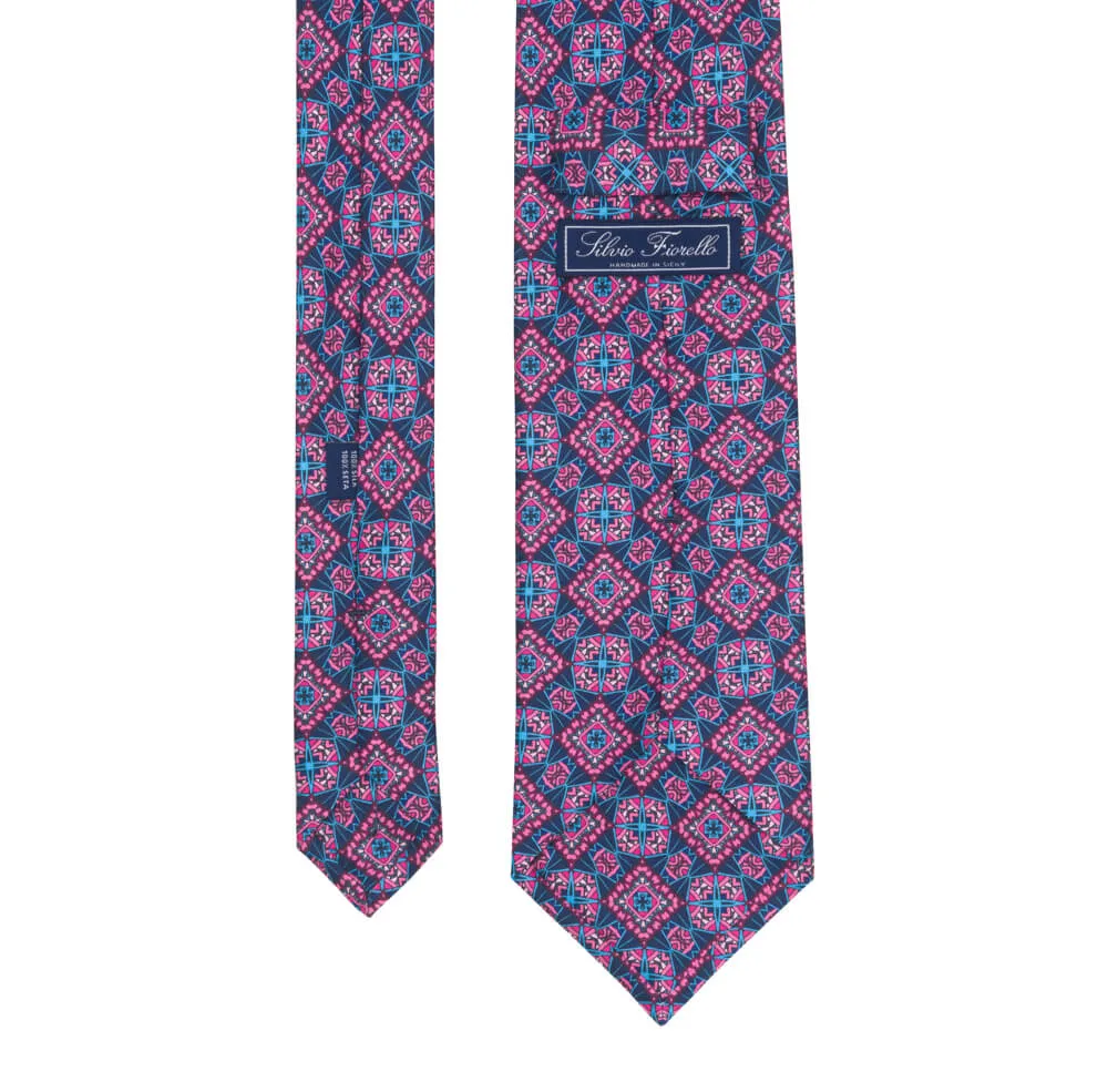 Blue and Pink Medieval Art Duchesse Silk Tie