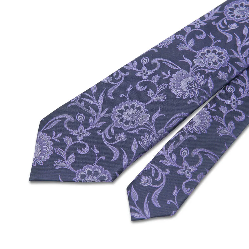 Blue and Purple Floral Motif Woven Silk Tie