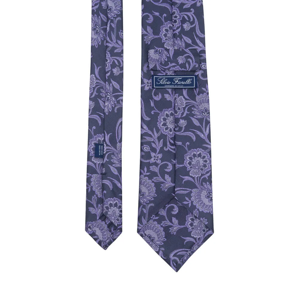 Blue and Purple Floral Motif Woven Silk Tie