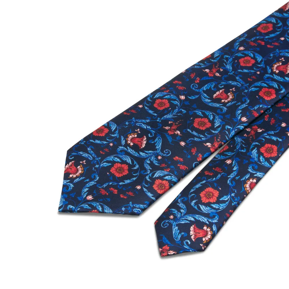 Blue and Red Ethereal Garden Duchesse Silk Tie