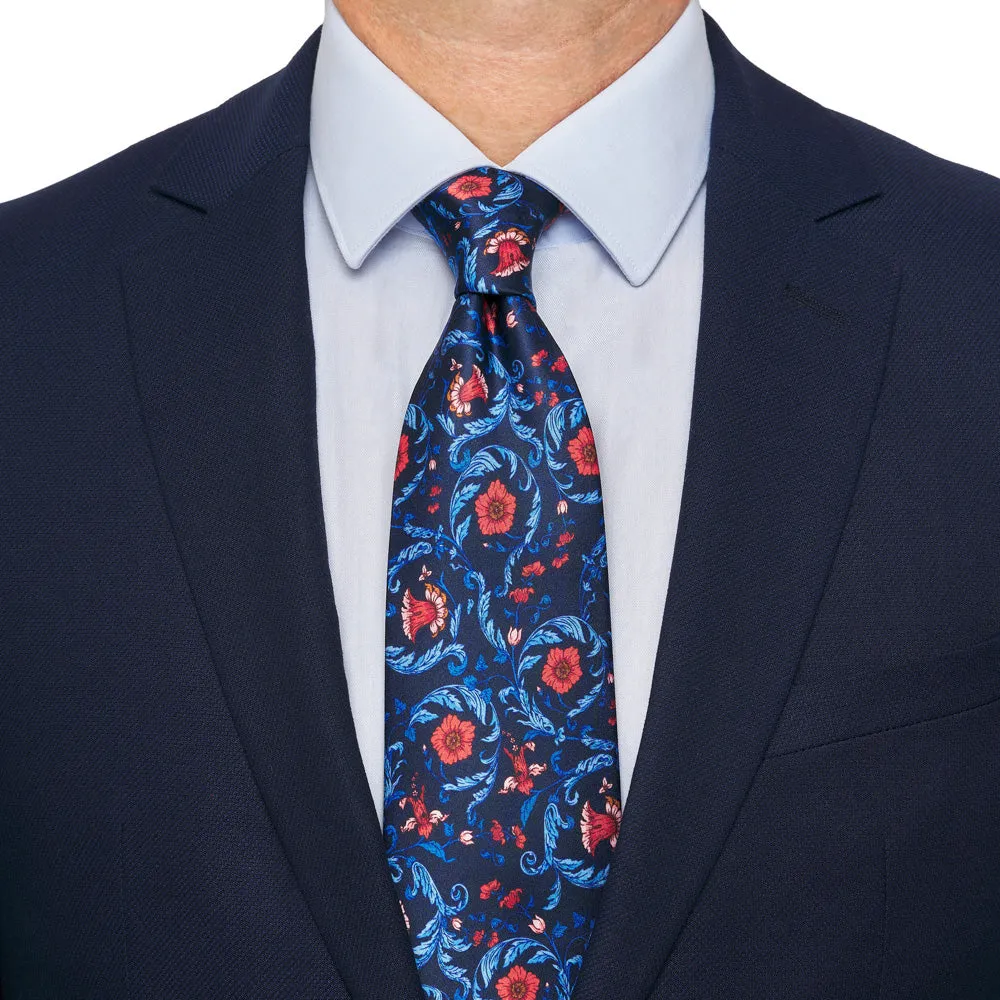 Blue and Red Ethereal Garden Duchesse Silk Tie