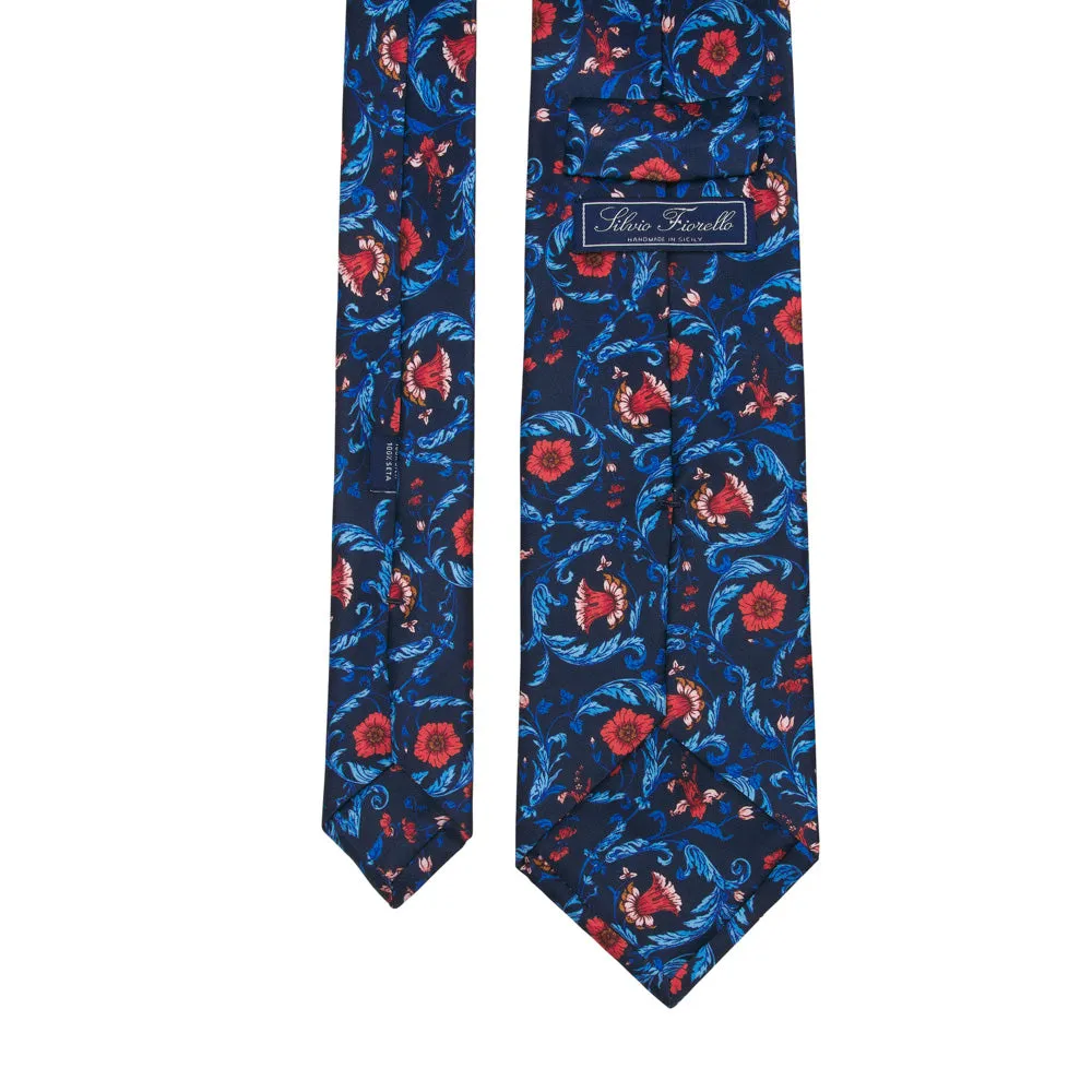 Blue and Red Ethereal Garden Duchesse Silk Tie