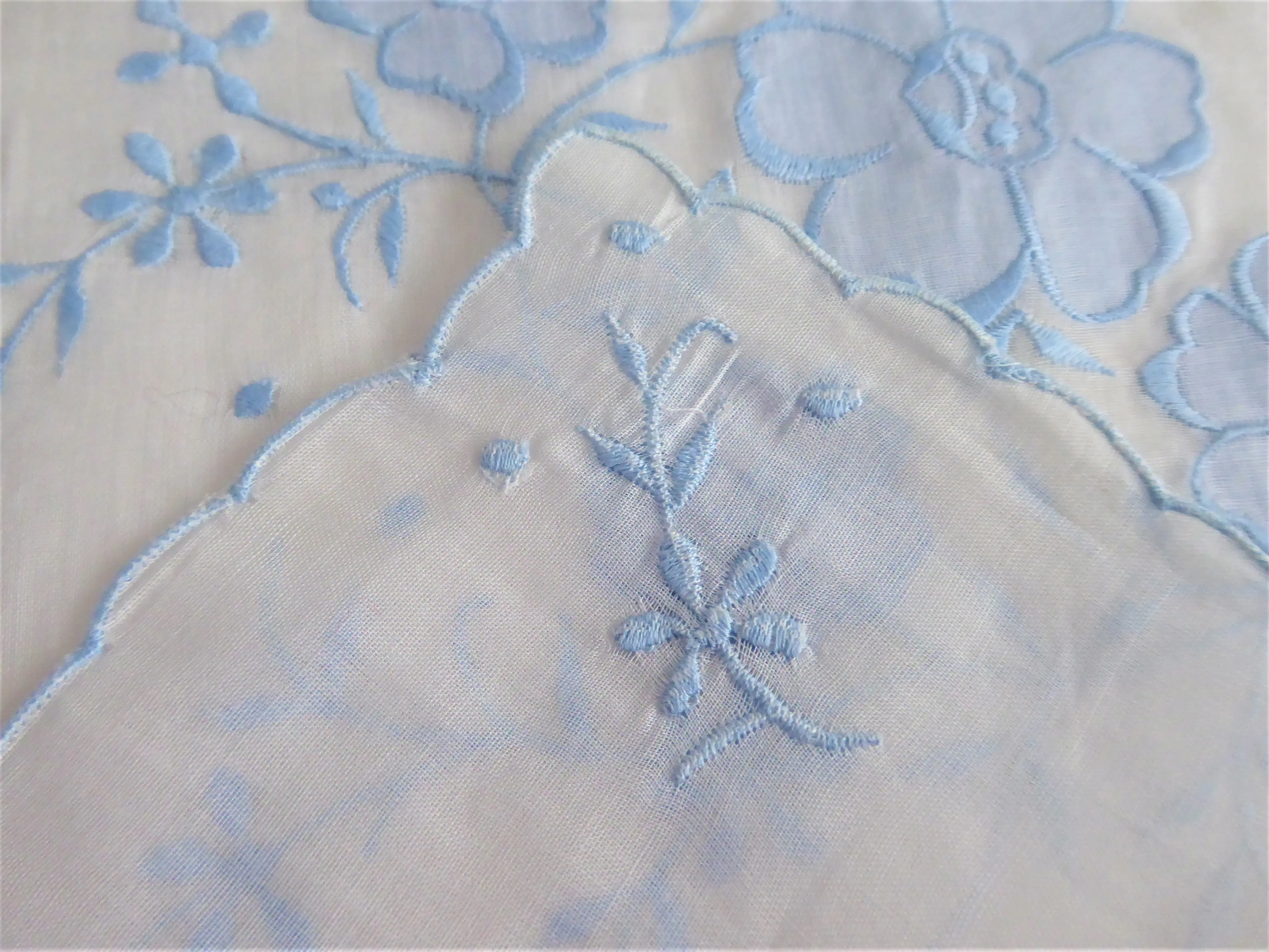 Blue And White Floral Applique Handkerchief Hand Embroidered 1950s Original Sticker Hanky