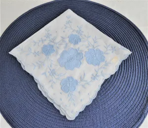 Blue And White Floral Applique Handkerchief Hand Embroidered 1950s Original Sticker Hanky