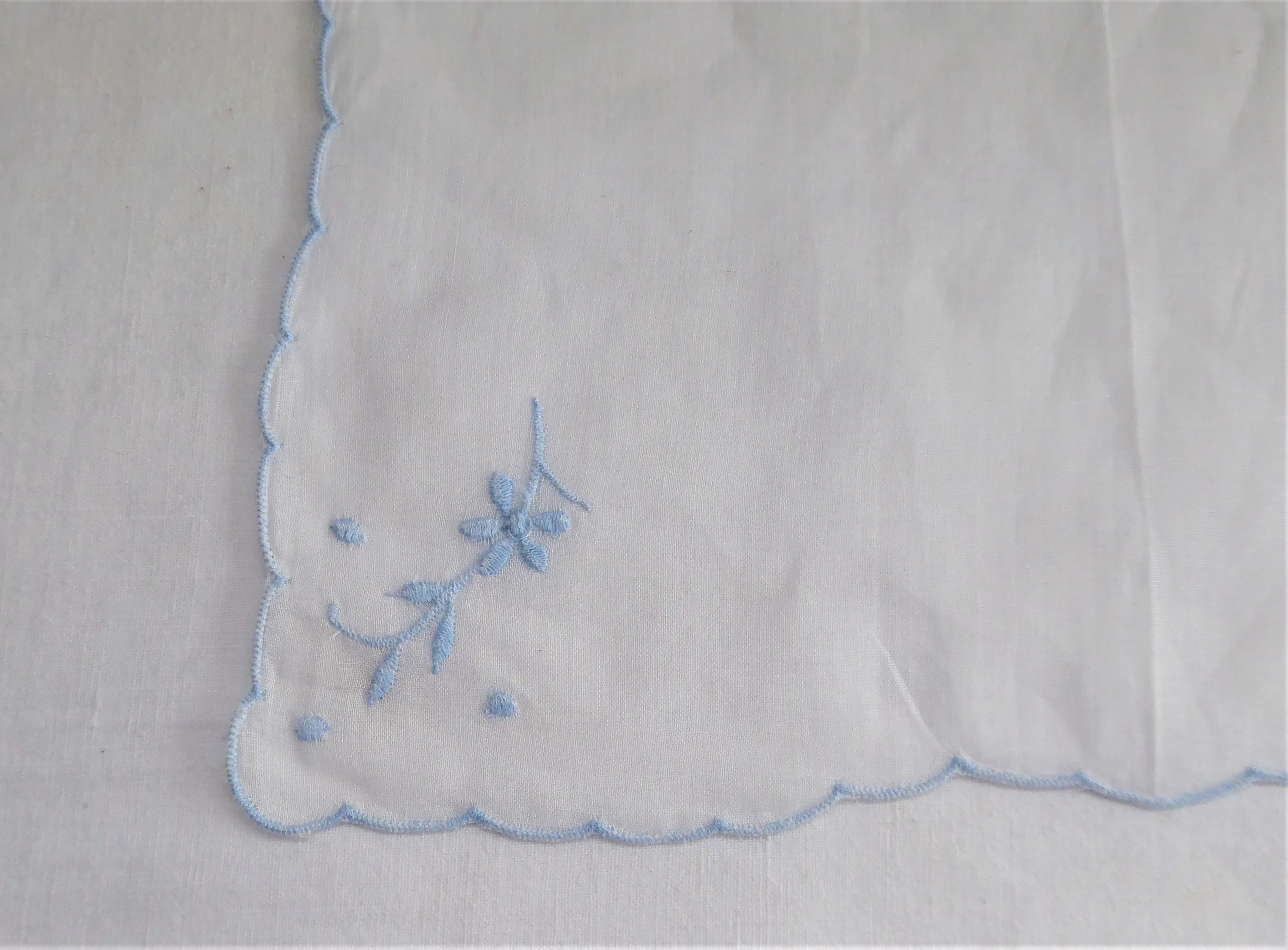 Blue And White Floral Applique Handkerchief Hand Embroidered 1950s Original Sticker Hanky