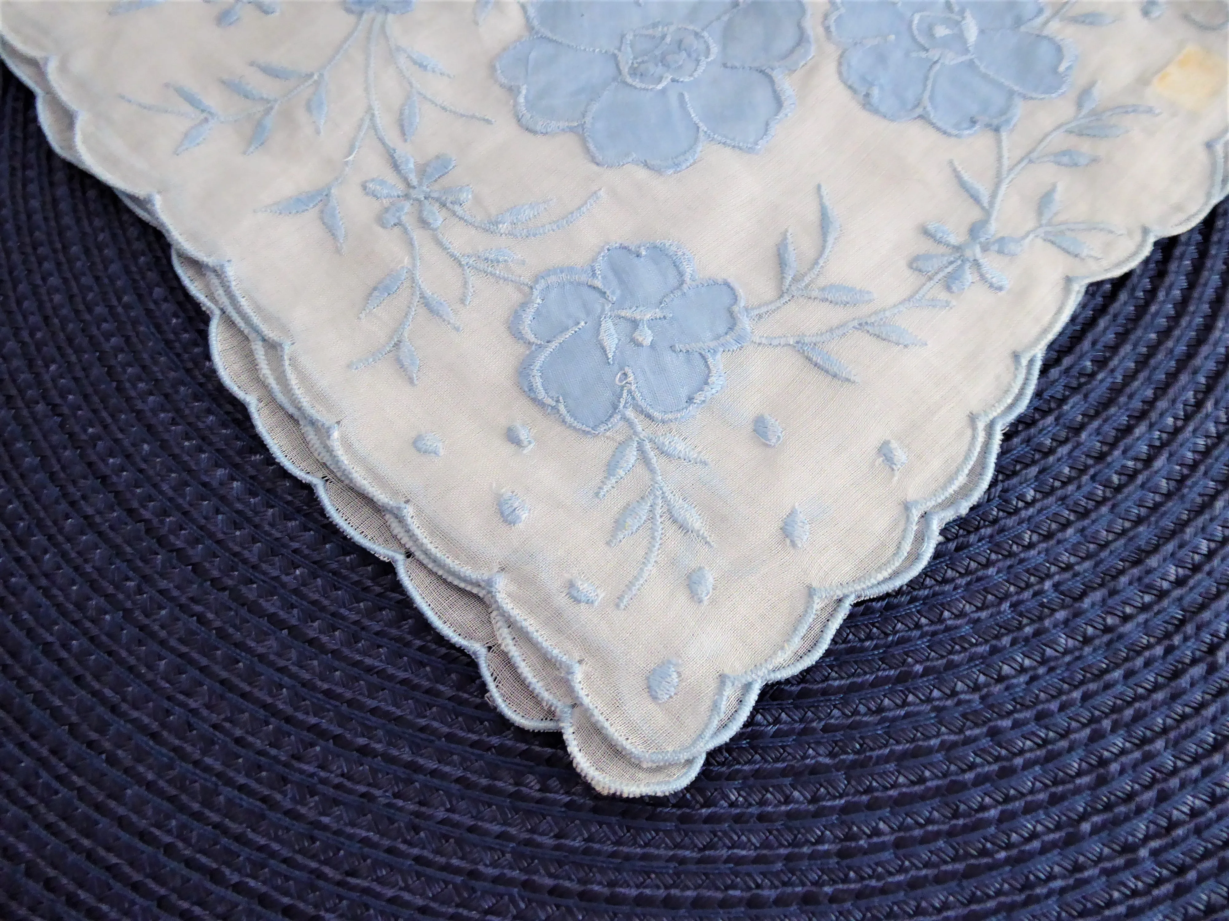 Blue And White Floral Applique Handkerchief Hand Embroidered 1950s Original Sticker Hanky