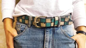 Boho Leather Belt for Skaters and Surfers  WhiteTurquoise Squares Black Wash  Unisex Design  Crafted Buckle  Gift for Him or Her