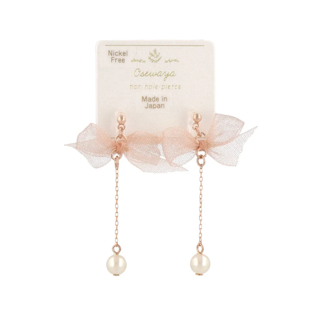 Bow and Pearl Chain Dangle Invisible Clip Ons