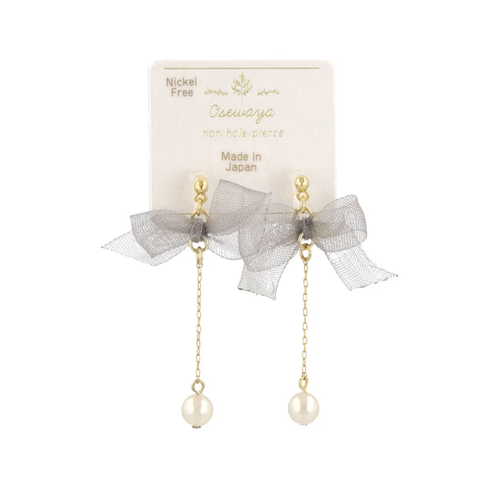 Bow and Pearl Chain Dangle Invisible Clip Ons