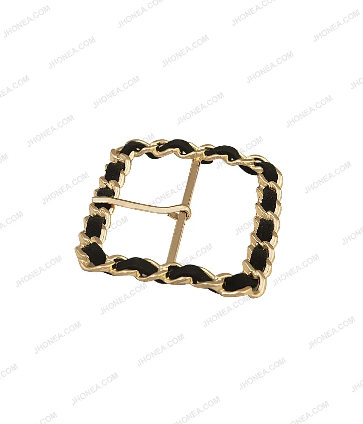 Broad Rectangle Frame Shiny Gold with Black Prong Buckle