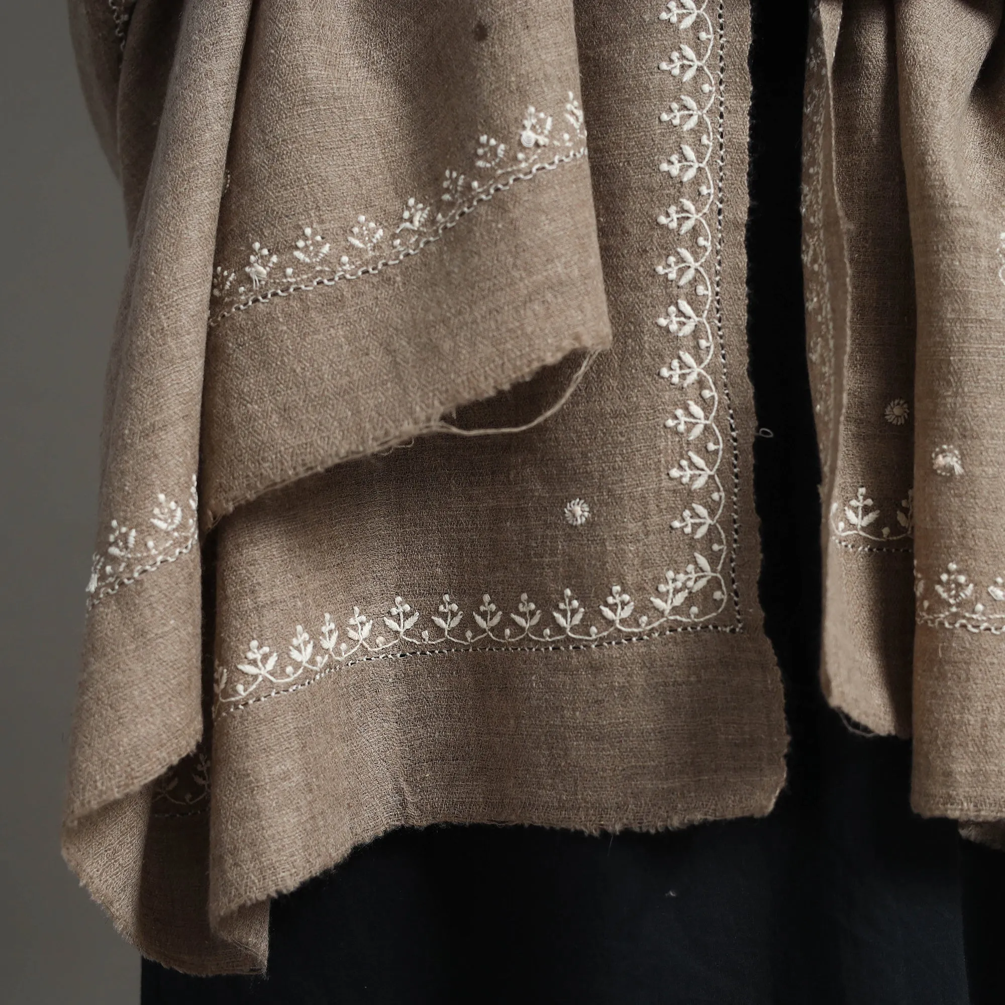 Brown - Handspun Handwoven Chikankari Pashmina Woolen Shawl 08