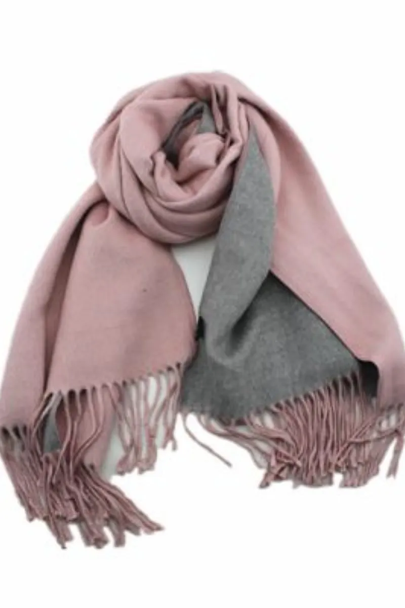 Cashmere Double Reversible Pink Grey Scarf with Fringe