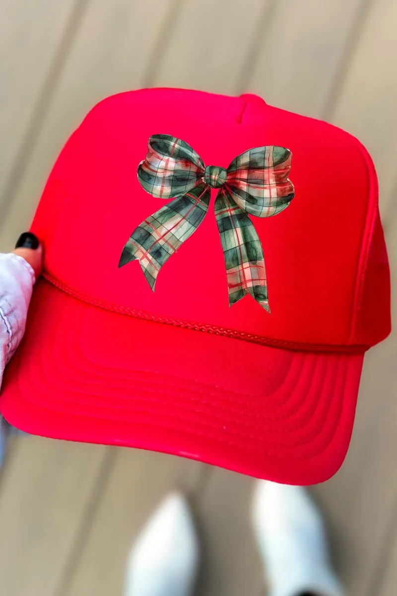 Christmas Plaid Coquette Bow Otto Red Foam Front High Crown Trucker Hat