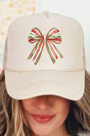 Christmas Ribbon Coquette Bow Otto Khaki Foam Front Trucker Hat