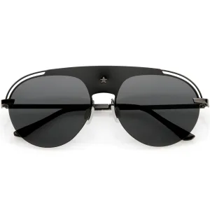 Classic Pilot Metal Brow Bar Star Detail Semi-Rimless Polarized Aviator Sunglasses D007