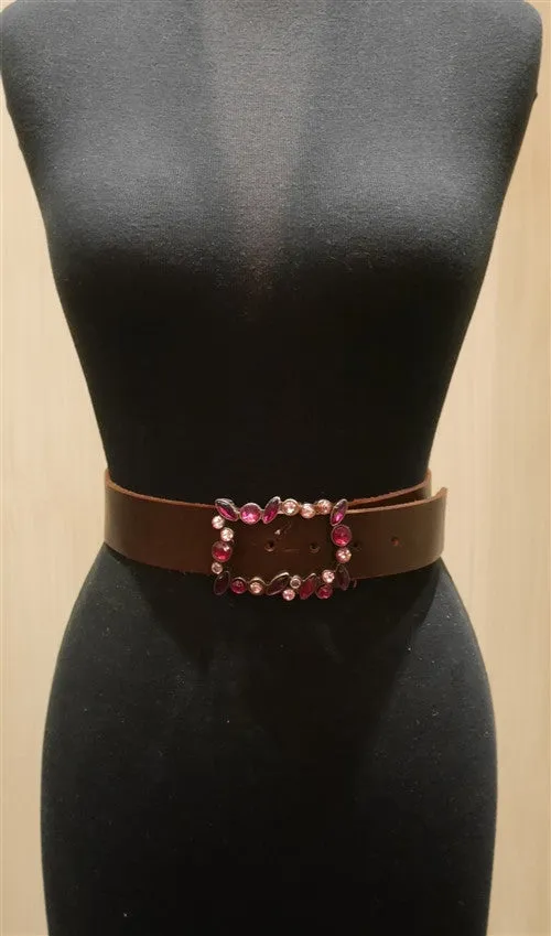 Continental Leather Fashion Pink Jeweled Buckle and Brown Belt