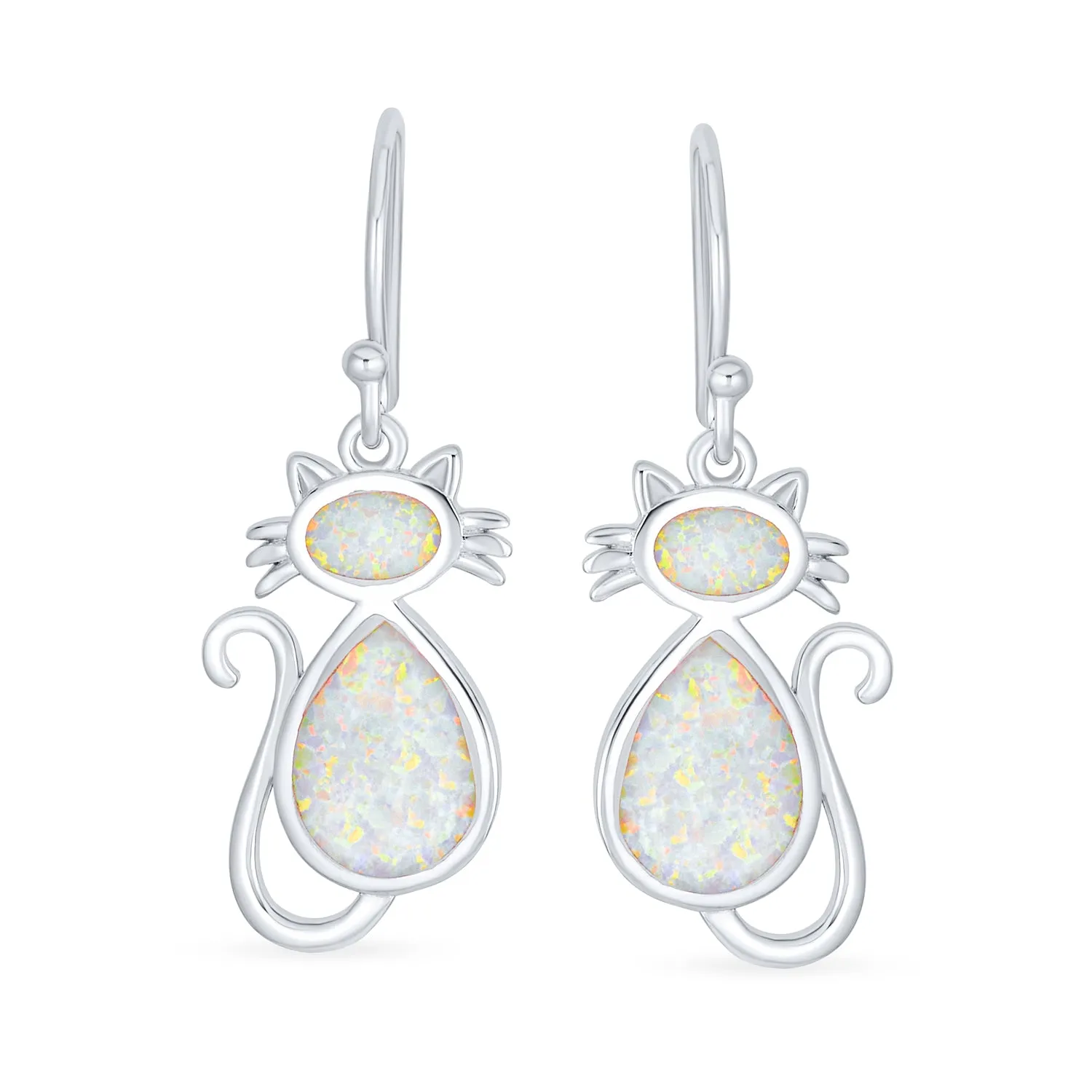 Curious Cat Dangle Gemstone Earrings in White Opal & Sterling Silver