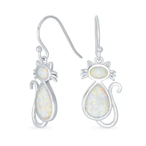 Curious Cat Dangle Gemstone Earrings in White Opal & Sterling Silver