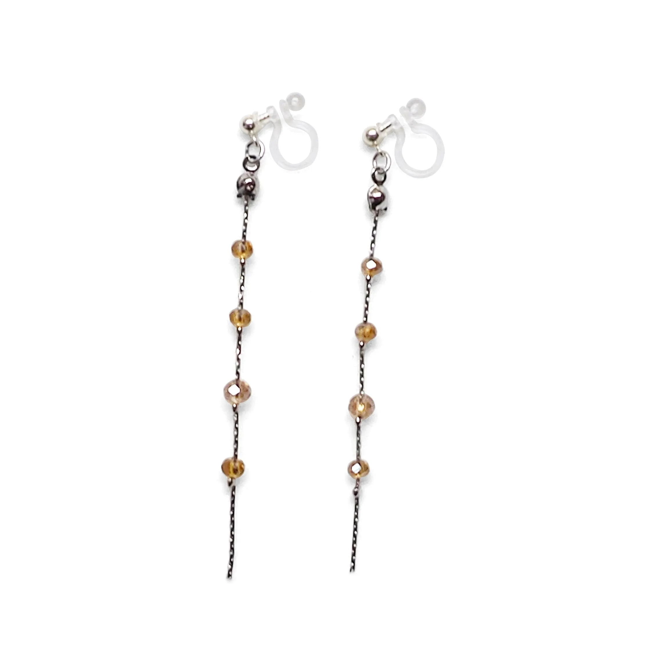 Dangle silver chain & orange crystal invisible clip on earrings