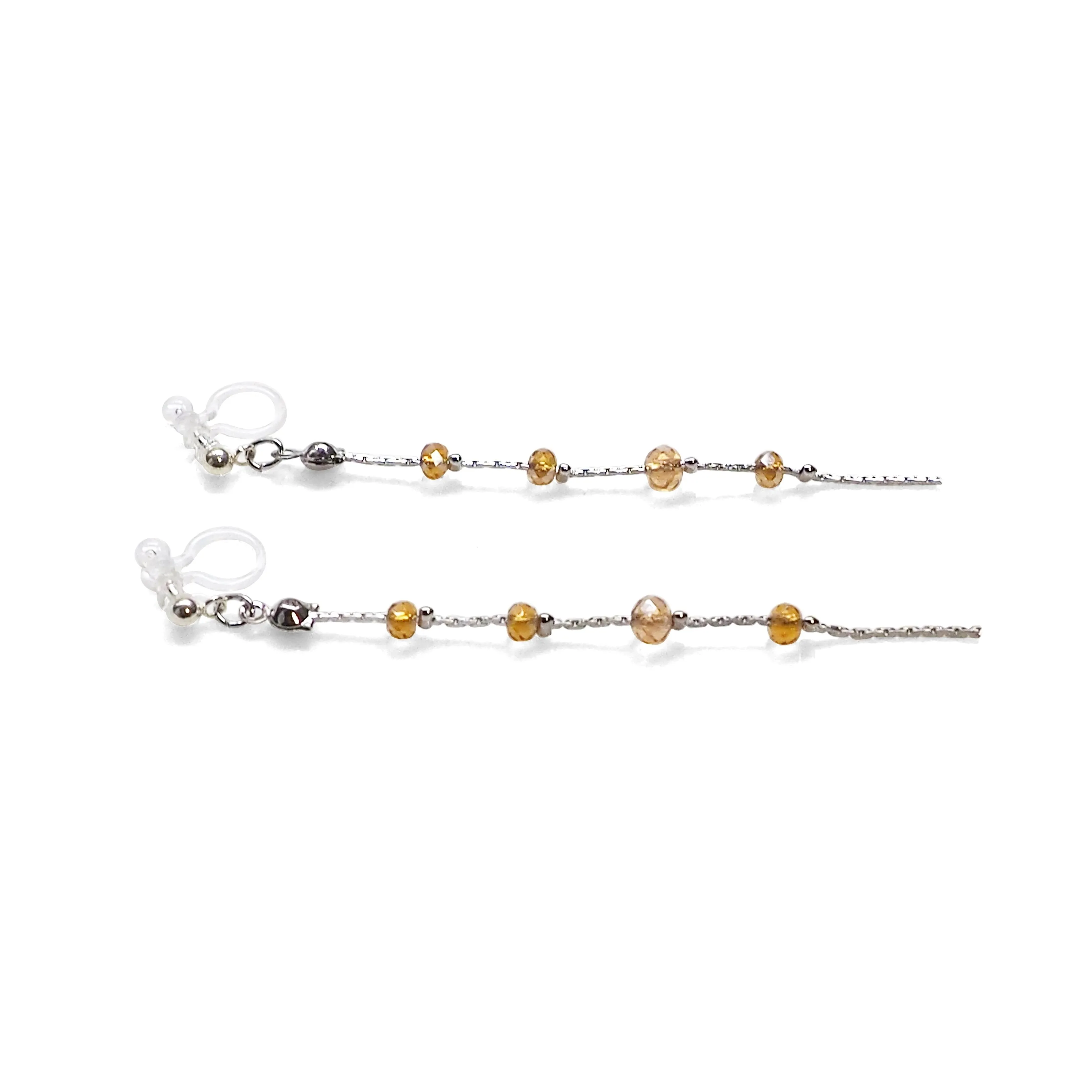 Dangle silver chain & orange crystal invisible clip on earrings