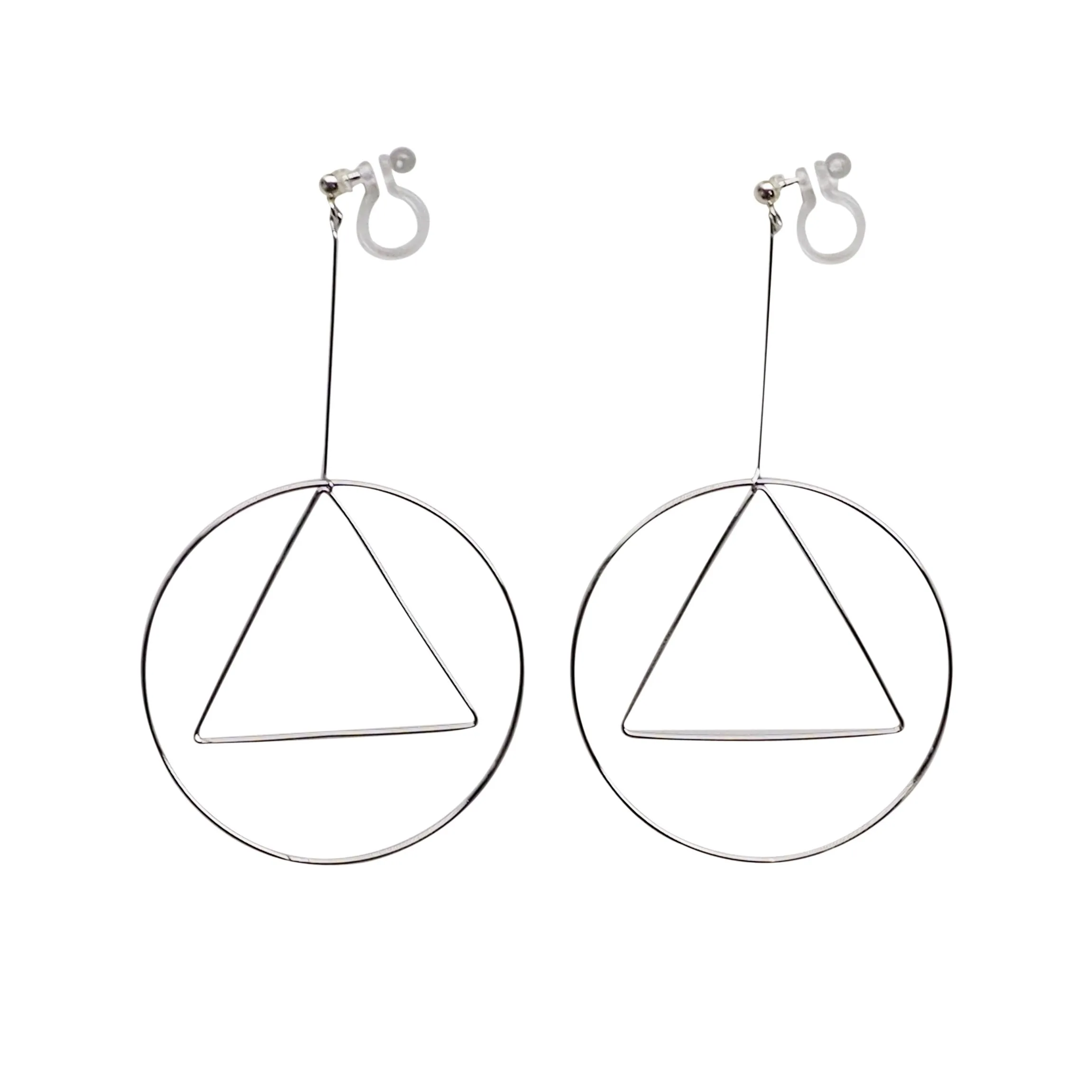 Dangle Silver Geometric Hoop Invisible Clip On Earrings