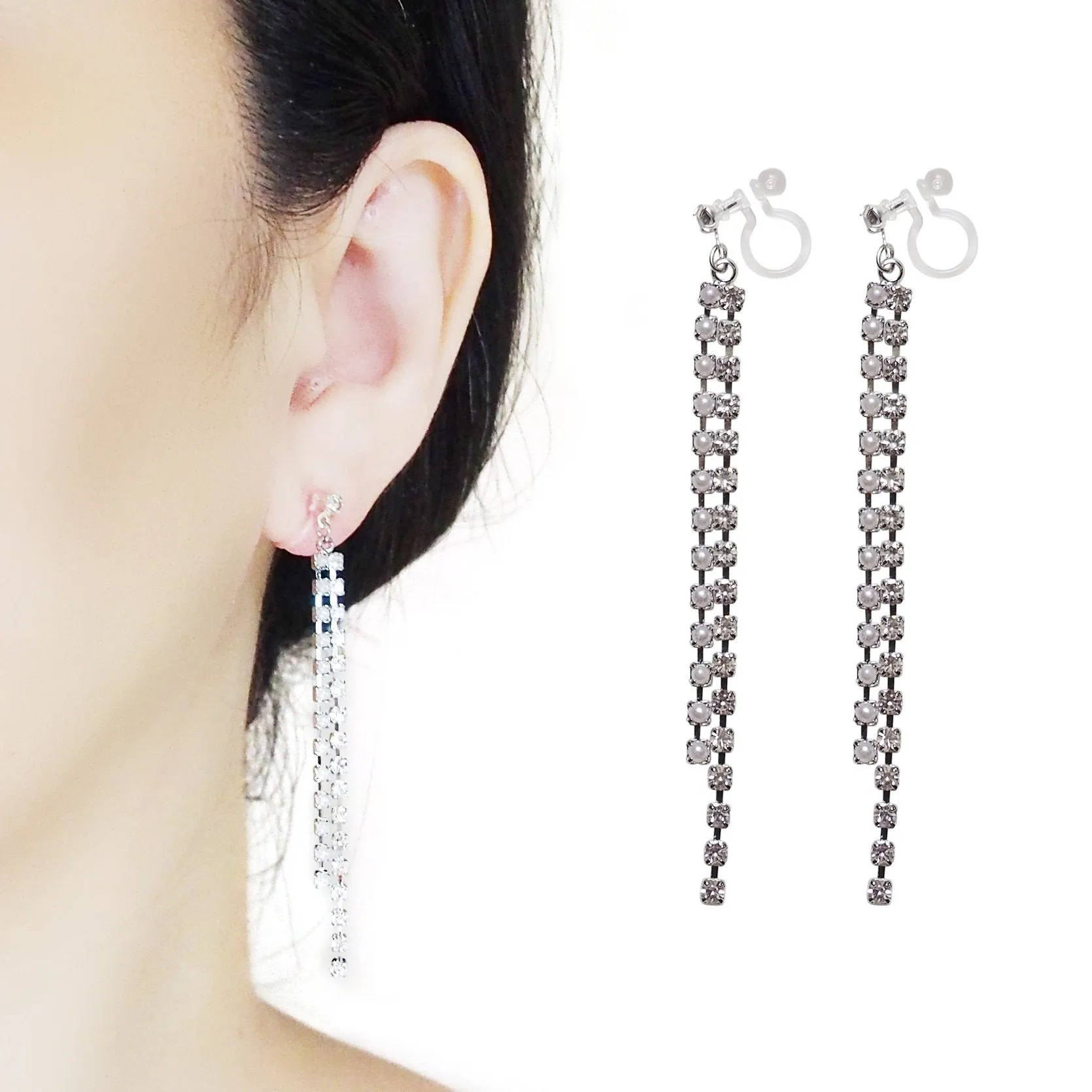 Dangle Silver Long Pearl & Rhinestone Crystal Invisible Clip On Earrings