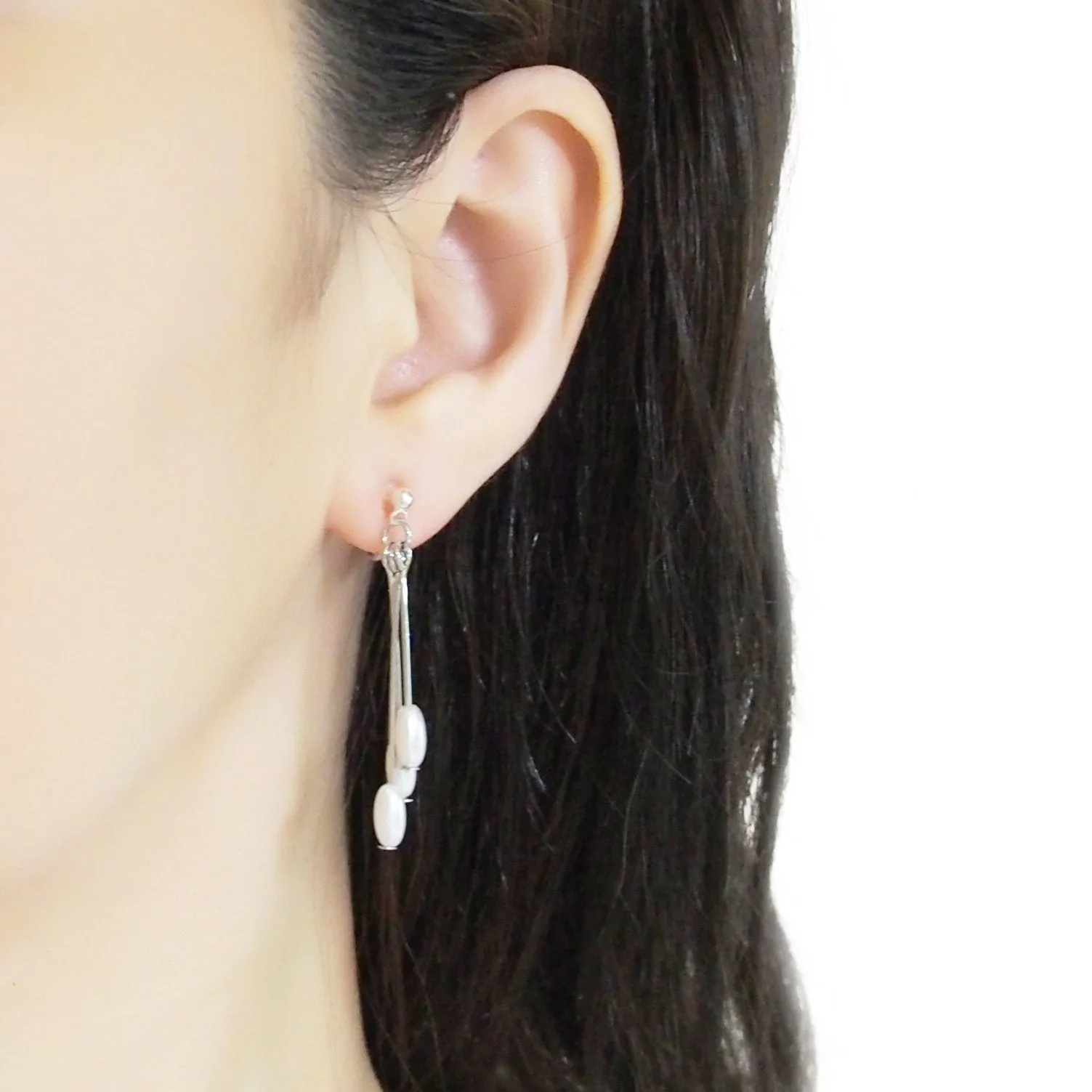 Dangle white pearls & silver sticks invisible clip on earrings