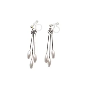 Dangle white pearls & silver sticks invisible clip on earrings